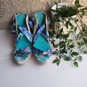 BCBG Blue Watercolored Lace up Wedges. Size 8